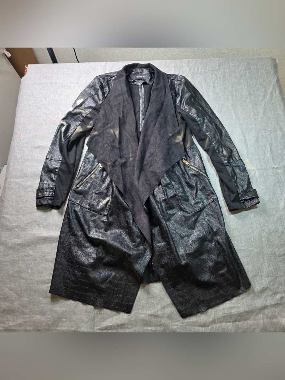 Marc New York Mixed Media Trench Coat Womens S Black Croc Embossed Bleach Flaw